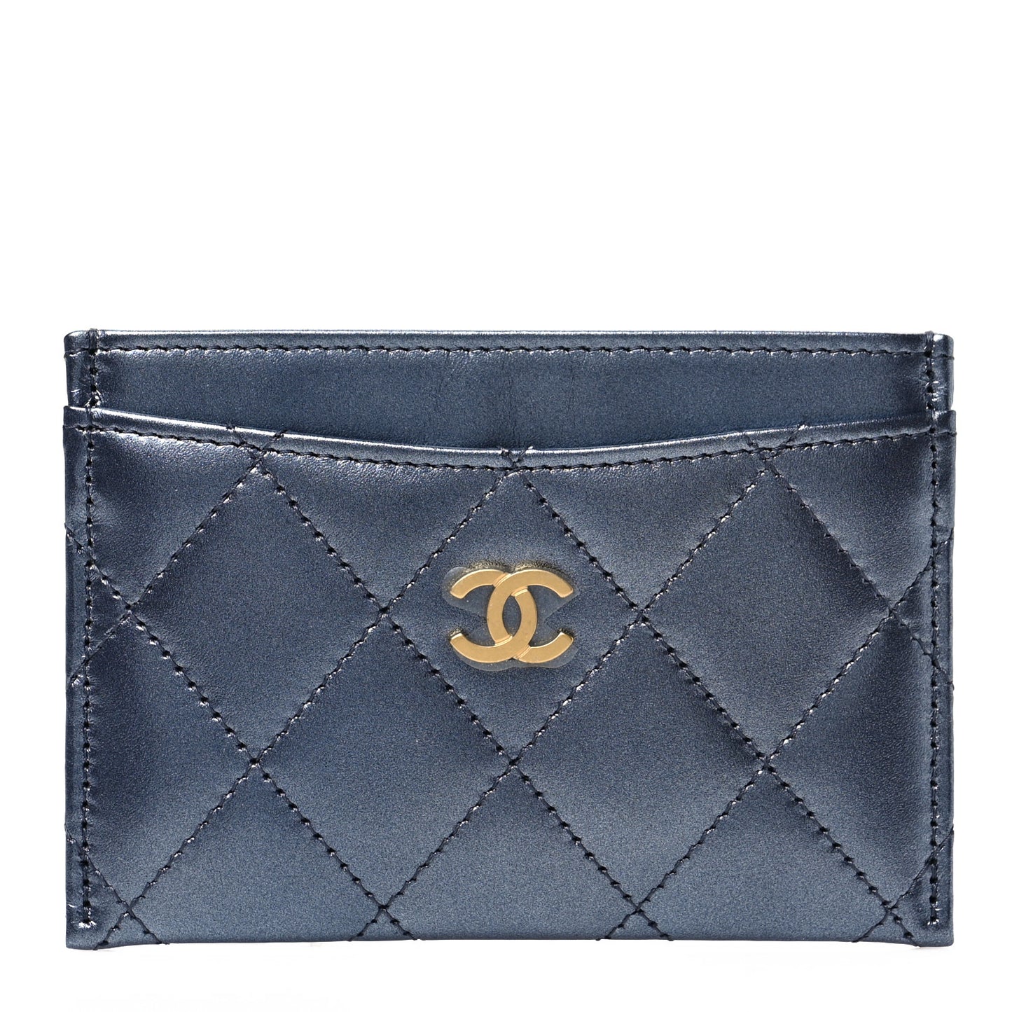 Metallic Lambskin Quilted Card Holder Dark Blue