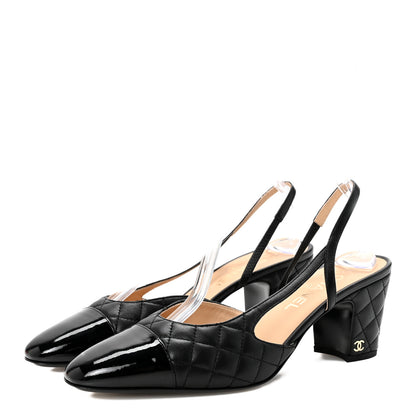 Chanel Lambskin Patent Calfskin Quilted Cap Toe CC Slingback Pumps 41 Black 4 of 10