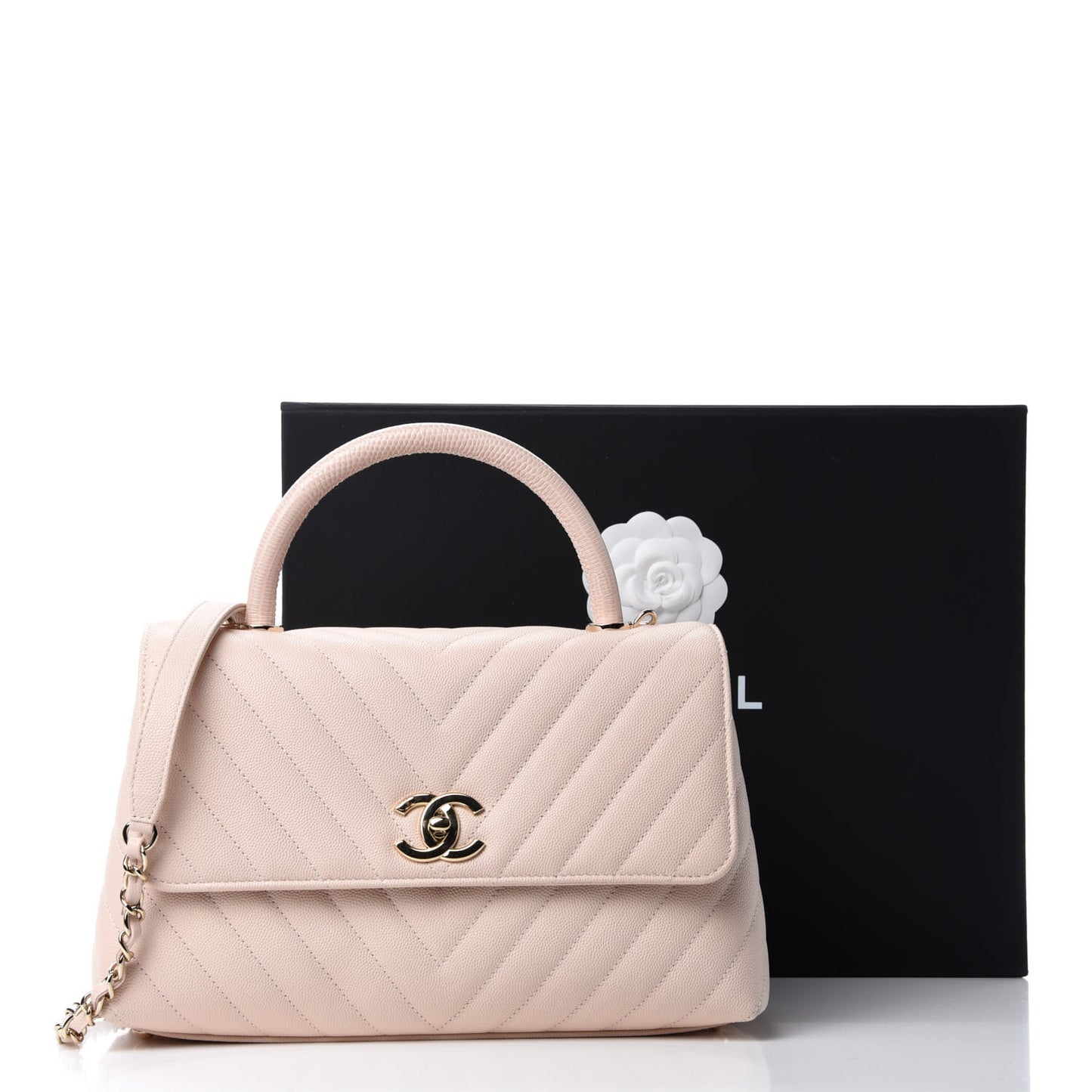 Caviar Chevron Quilted Small Coco Handle Flap Beige