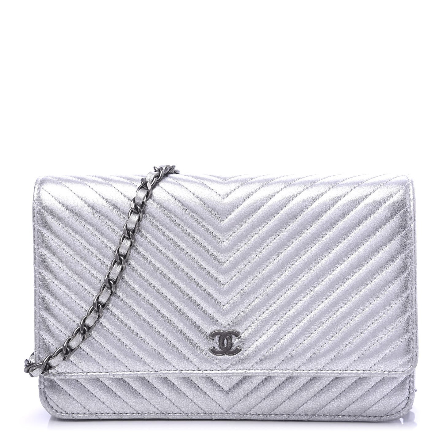 Metallic Lambskin Chevron Wallet On Chain WOC Silver