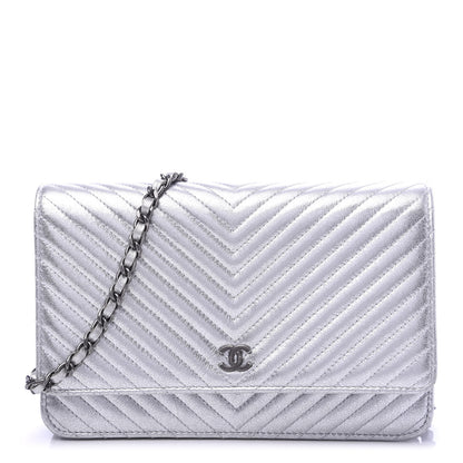 Chanel Metallic Lambskin Chevron Wallet On Chain WOC Silver 1 of 11