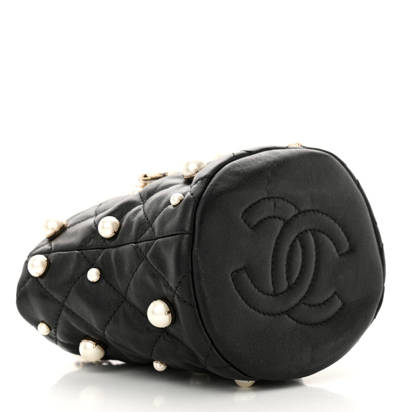 Lambskin Quilted Pearl Mini About Pearls Drawstring Bag Black