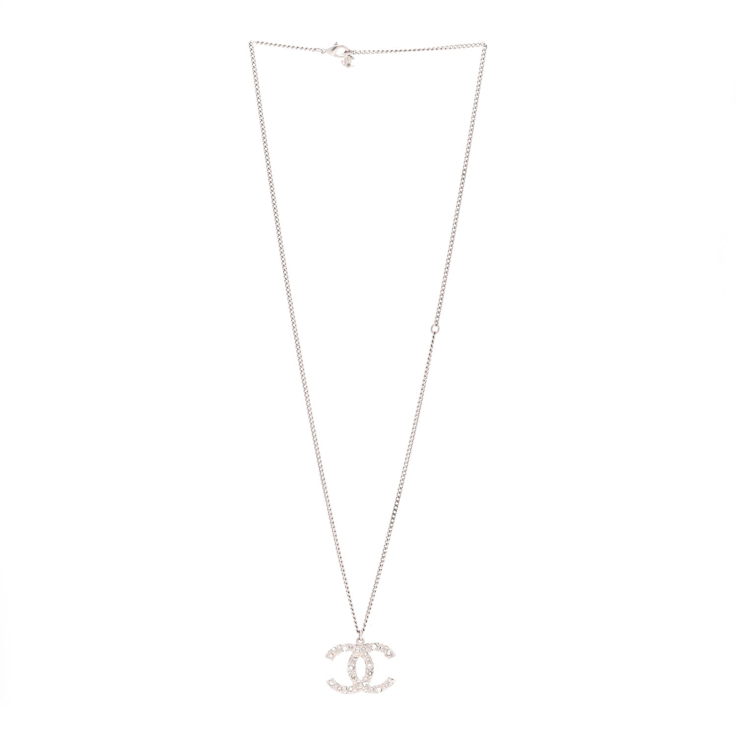 Chanel Crystal CC Pendant Necklace Silver 3 of 5