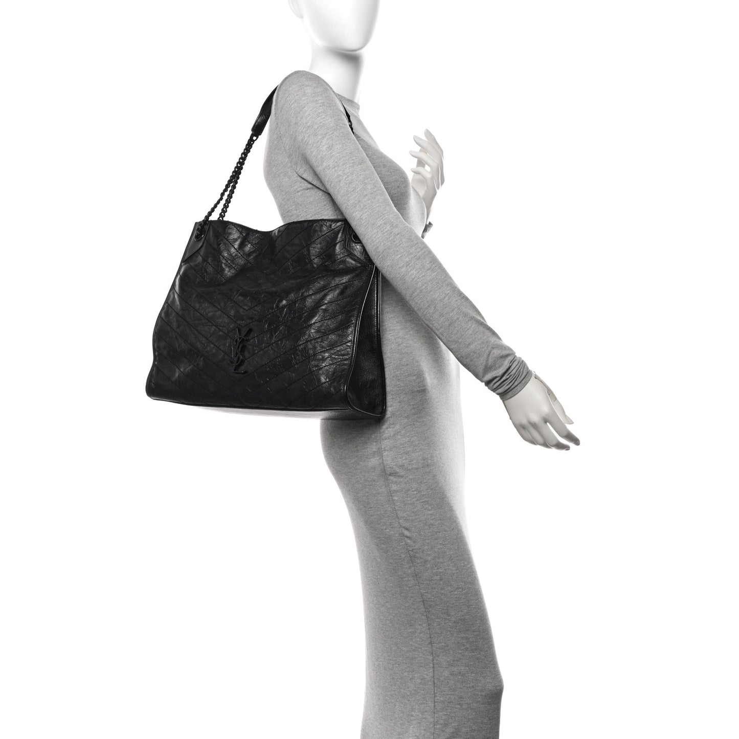 Crinkled Calfskin Matelasse Monogram Large Niki Shopper Tote Black