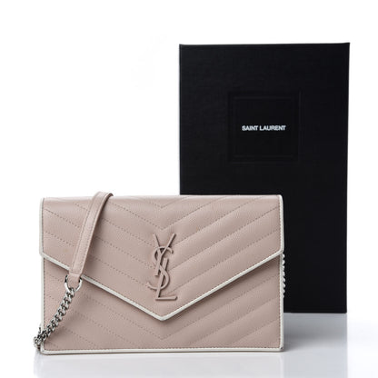 Saint Laurent Grain De Poudre Matelasse Chevron Monogram Envelope Chain Wallet Pink White 12 of 12