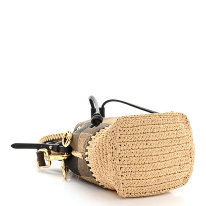 Fendi Fabric Jacquard Raffia Straw Pequin Gingham Woven Mini Mon Tresor Bucket Bag Beige Black Natural 4 of 11