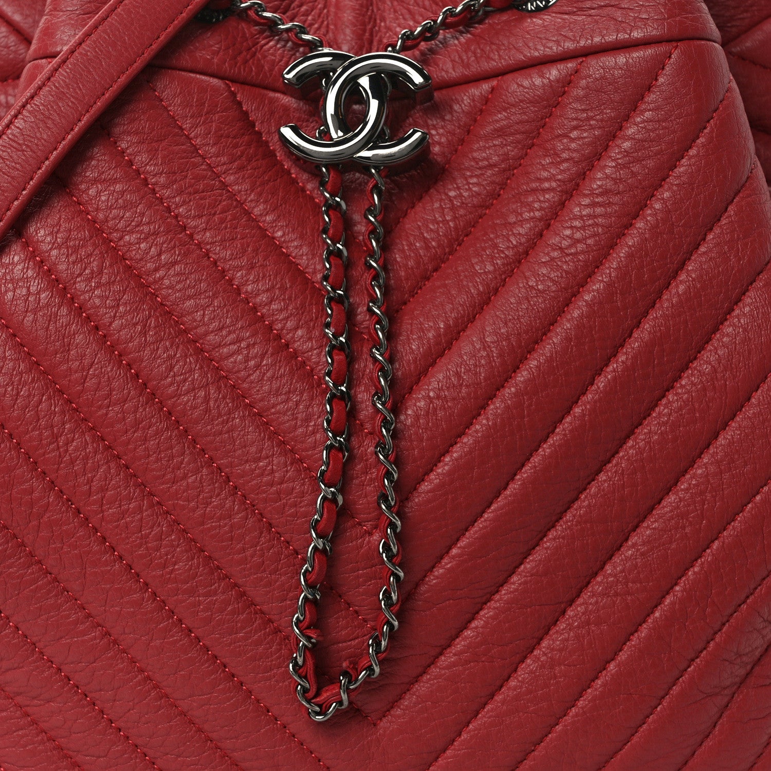 Chanel Deerskin Chevron Quilted Medium CC Chain Bucket Drawstring Bag Red 8 of 12