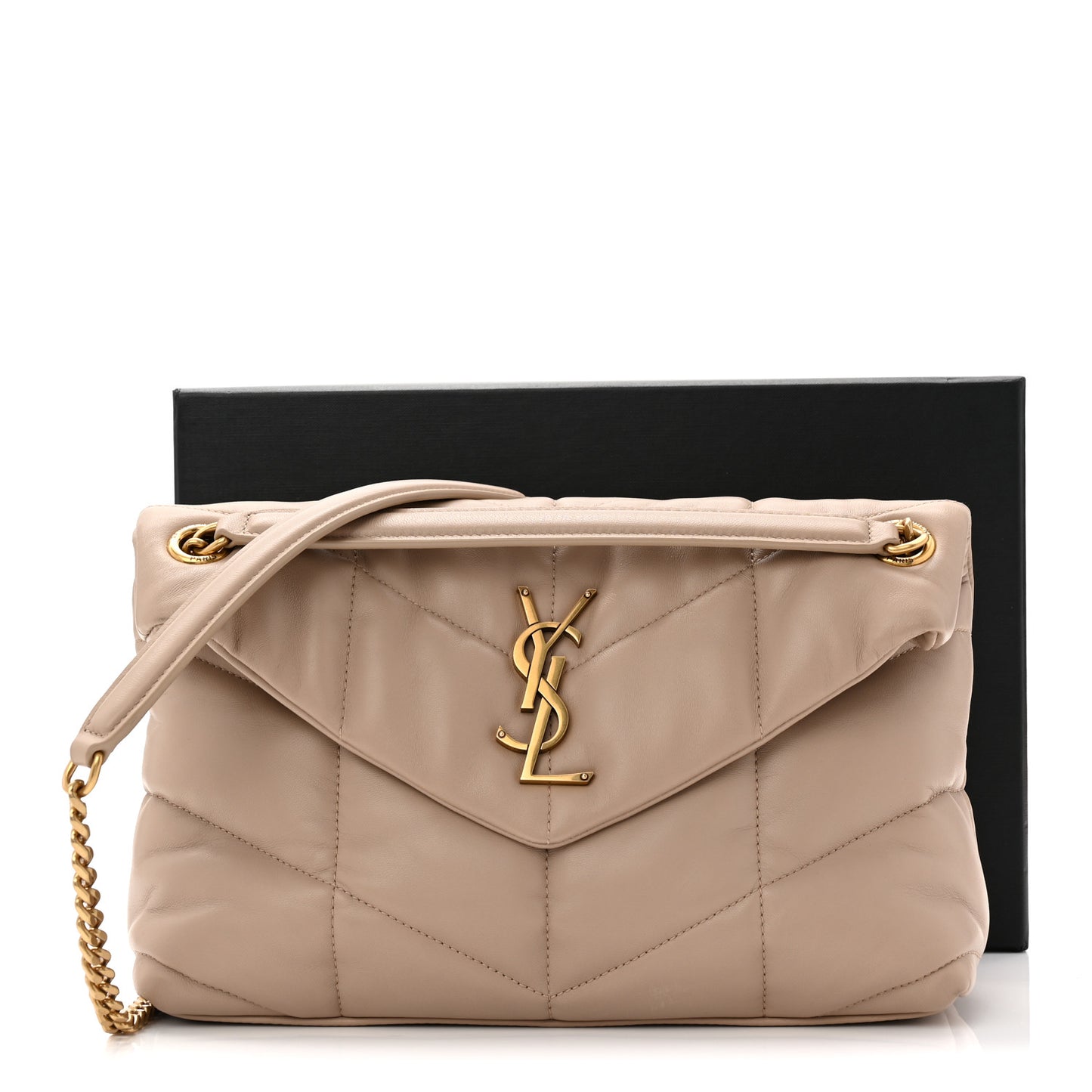Lambskin Quilted Small Loulou Puffer Monogram Chain Satchel Dark Beige