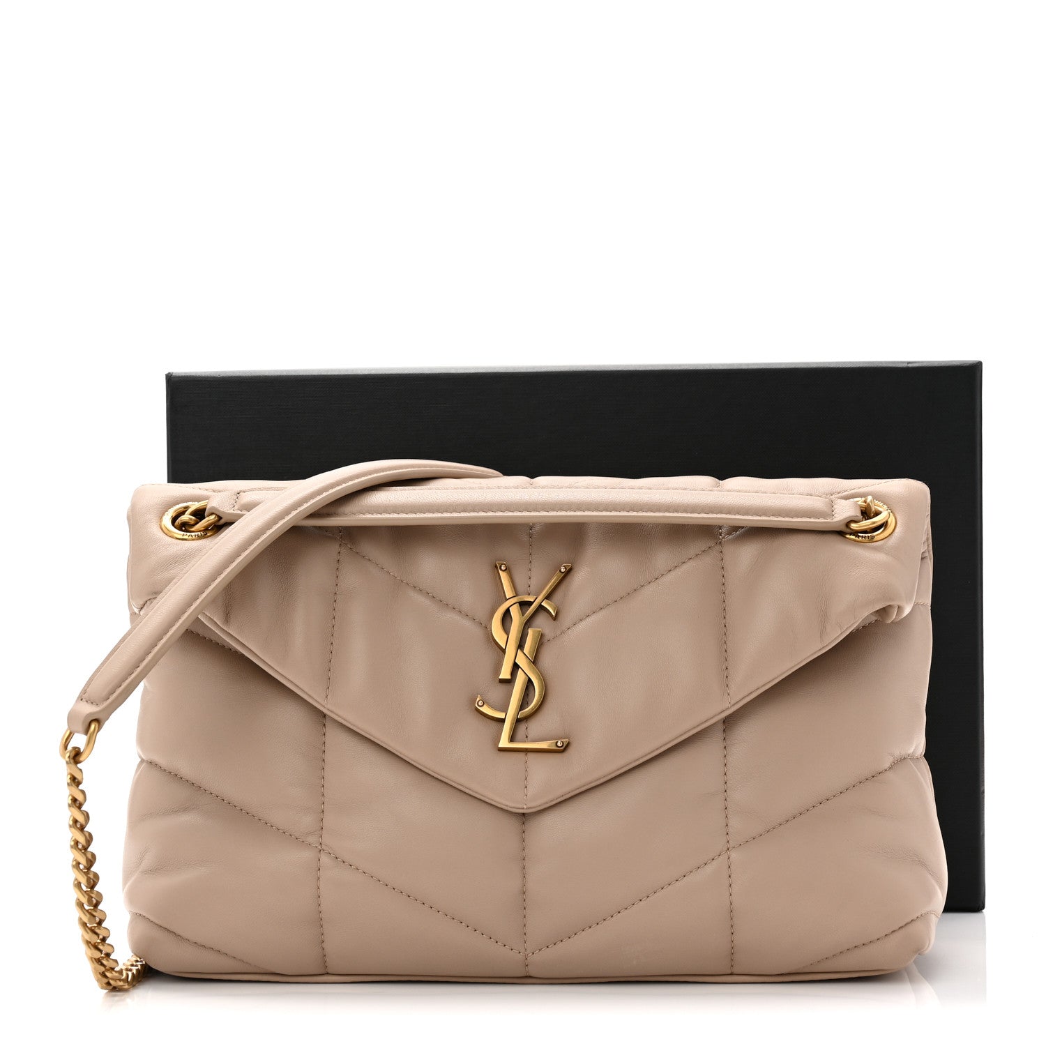 Saint Laurent Lambskin Quilted Small Loulou Puffer Monogram Chain Satchel Dark Beige 11 of 11