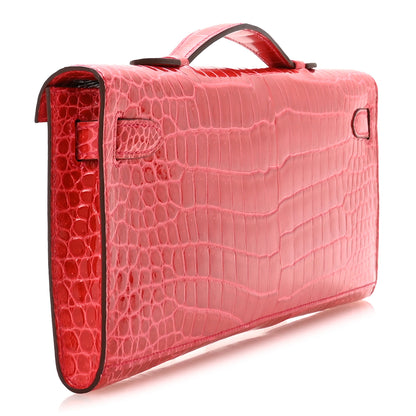 Hermes Shiny Porosus Crocodile Kelly Cut Pochette Bougainvillier 3 of 8