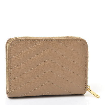 Saint Laurent Grain De Poudre Matelasse Chevron Monogram Compact Zip Around Wallet Cork 2 of 9