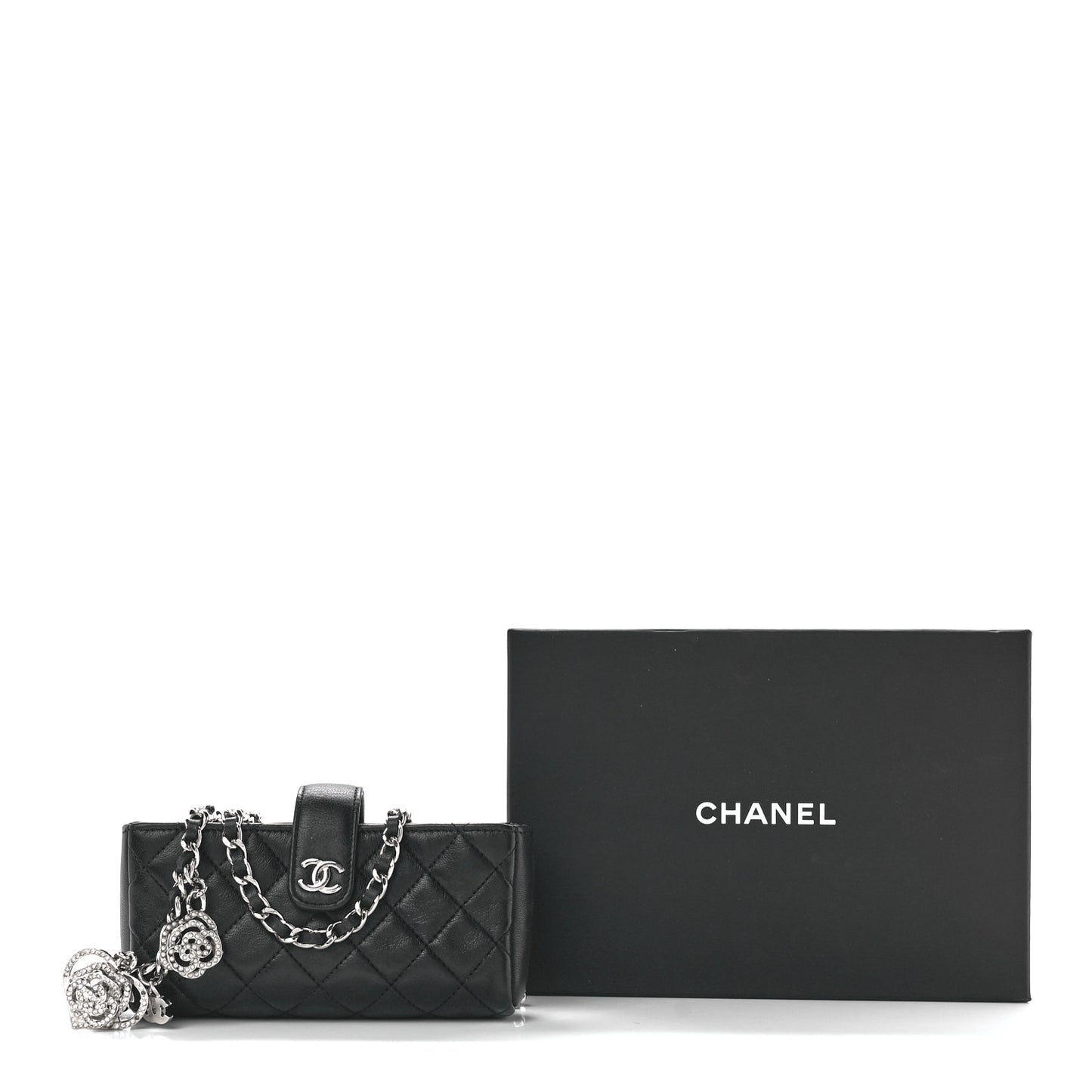 Lambskin Quilted Crystal Valentine Charms Mini Phone Holder Crossbody Bag Black