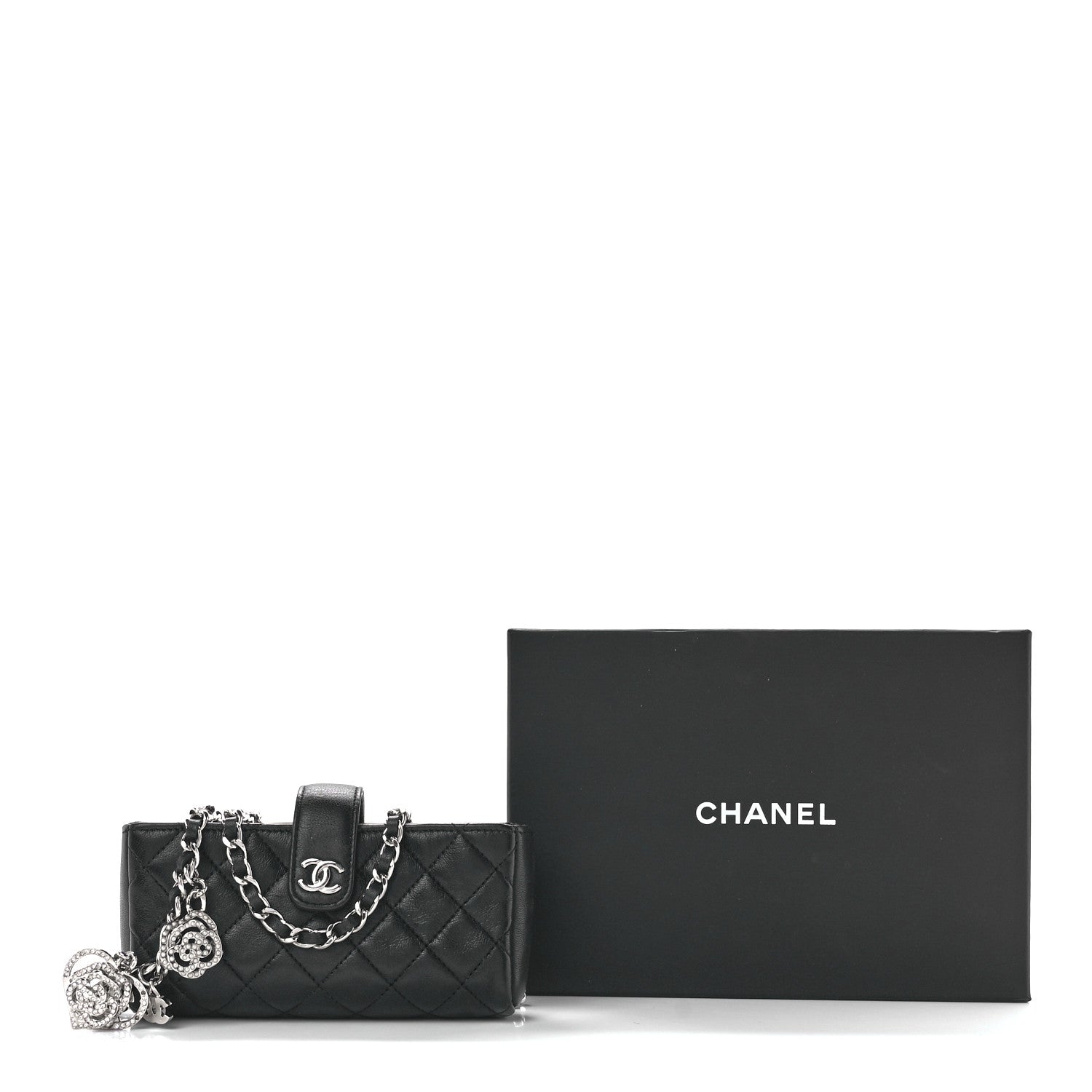 Chanel Lambskin Quilted Crystal Valentine Charms Mini Phone Holder Crossbody Bag Black 13 of 13