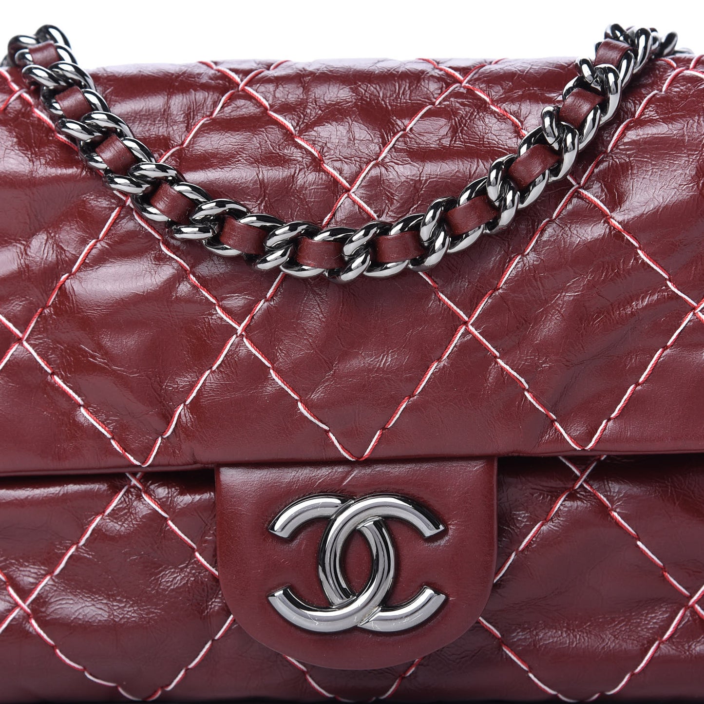 Glazed Goatskin Double Stitch Flap Red
