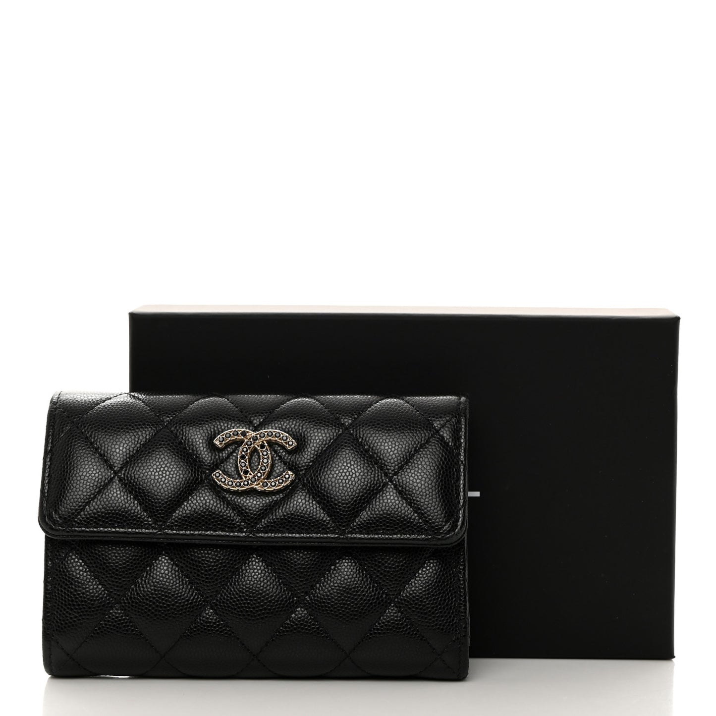 Caviar Quilted Crystal CC Medium Flap Wallet Black