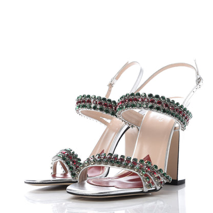 Gucci Nappa Silk Crystal Bertie High Heel Sandals 38.5 Argento 3 of 9
