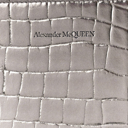 Alexander McQueen Metallic Calfskin Crocodile Embossed Knuckle Flat Zip Clutch Silver 8 of 11