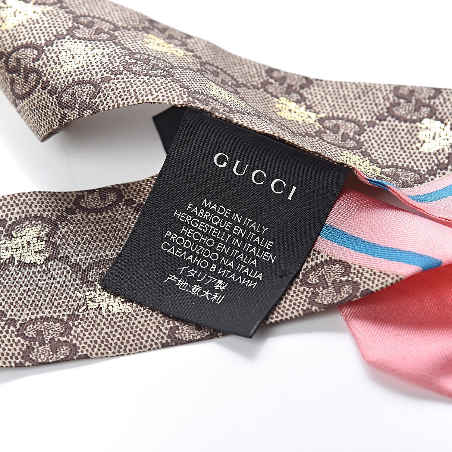 Gucci Silk Twill GG Monogram GG Bee Neck Bow Scarf Roseate Sky Blue 3 of 4
