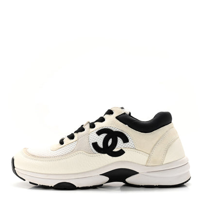 Chanel Mesh Suede Grained Calfskin Womens CC Sneakers 37.5 White Black 1 of 18