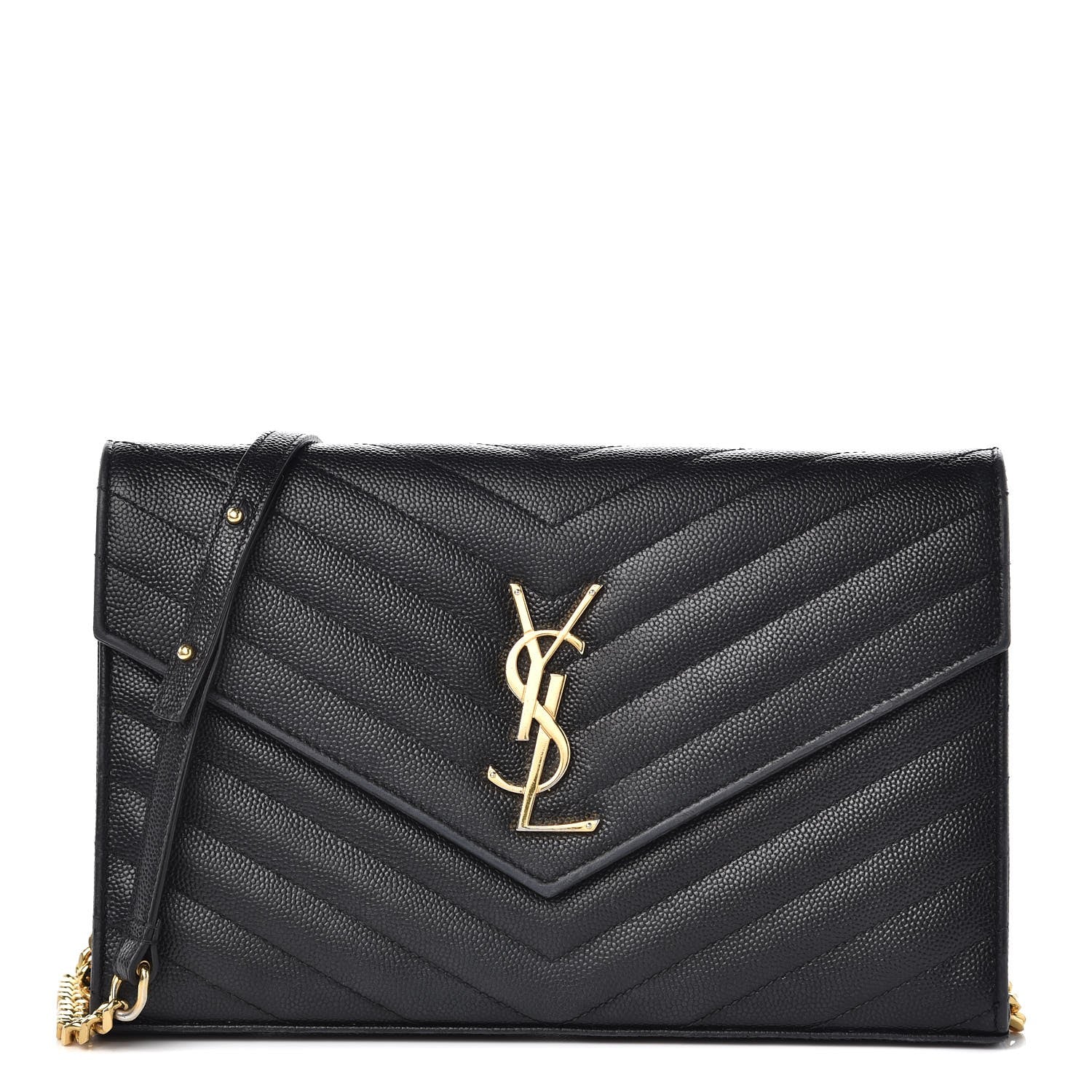 Saint Laurent Grain De Poudre Matelasse Chevron Monogram Chain Wallet Black 1 of 12