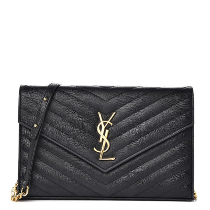 Saint Laurent Grain De Poudre Matelasse Chevron Monogram Chain Wallet Black 1 of 12