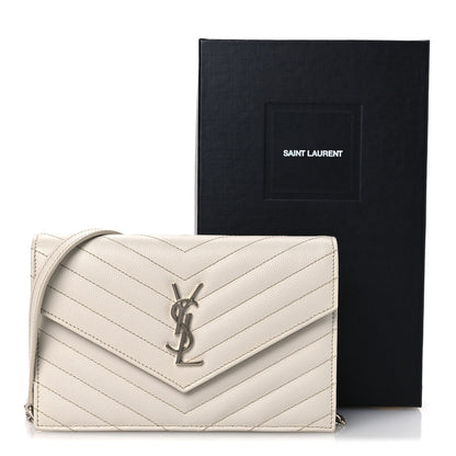 Saint Laurent Grain De Poudre Matelasse Chevron Monogram Envelope Chain Wallet Optical White 11 of 11