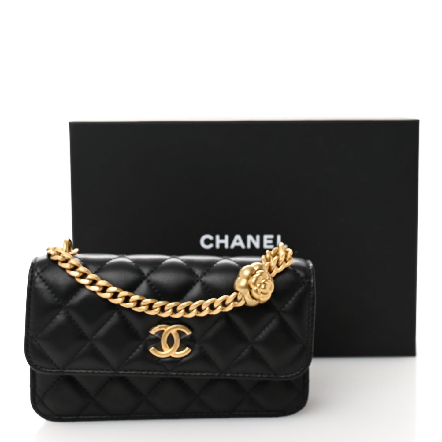 Lambskin Quilted Sweet Camellia Flap Phone Holder With Chain Black