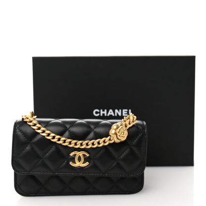 Chanel Lambskin Quilted Sweet Camellia Flap Phone Holder With Chain Black 12 of 12