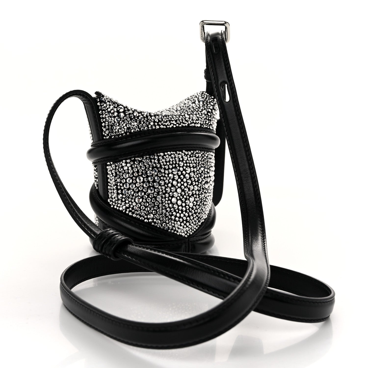 Alexander McQueen Metallic Calfskin Crystal Micro Curve Bucket Bag Black 3 of 12