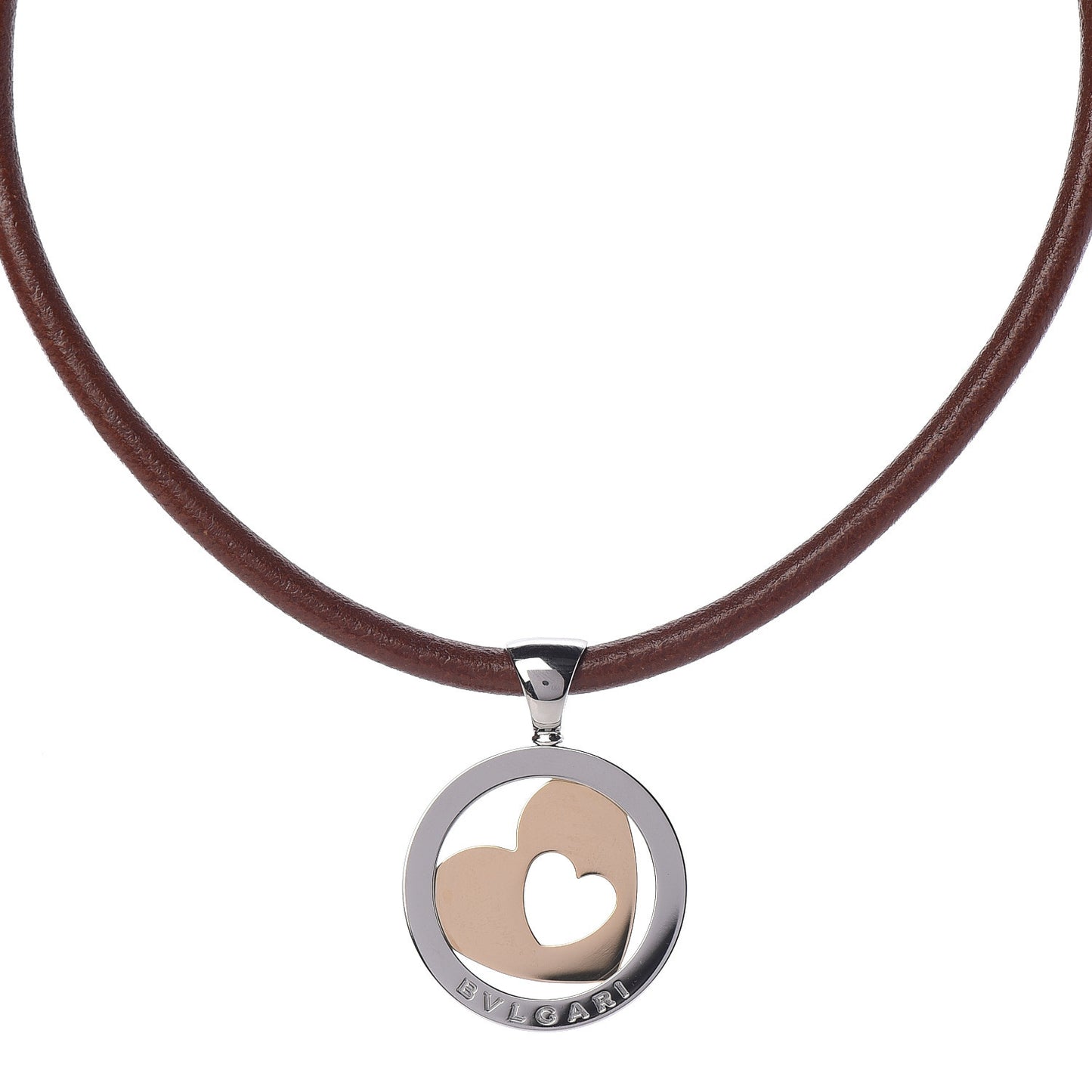 Stainless Steel 18K Yellow Gold Calfskin Tondo Heart Pendant Necklace Brown