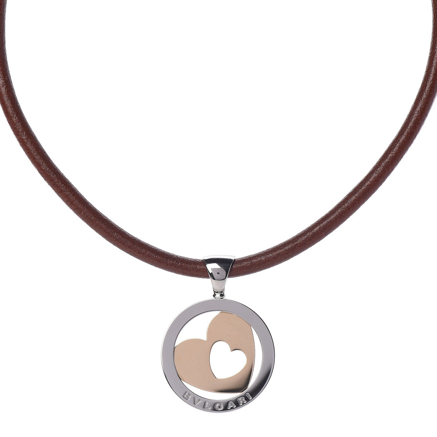Bulgari Stainless Steel 18K Yellow Gold Calfskin Tondo Heart Pendant Necklace Brown 1 of 9