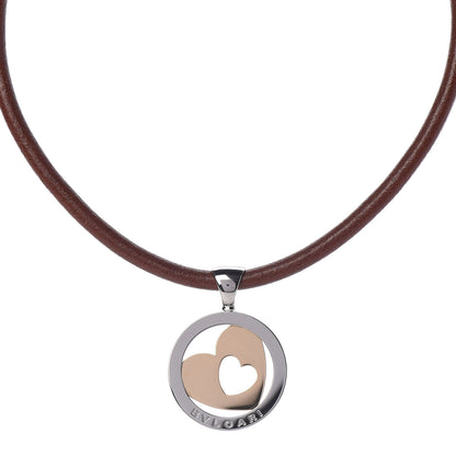 Bulgari Stainless Steel 18K Yellow Gold Calfskin Tondo Heart Pendant Necklace Brown 1 of 9