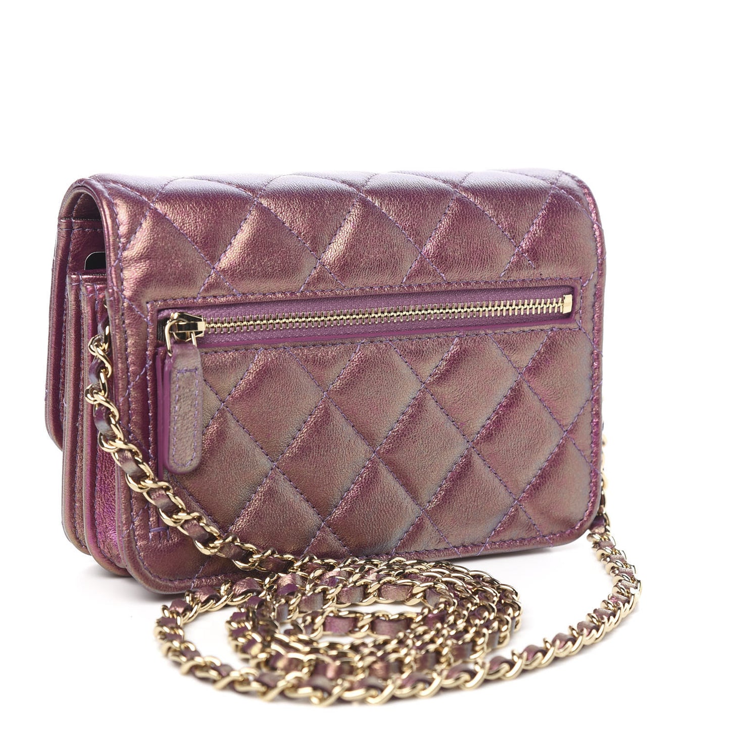 Iridescent Lambskin Quilted Mini Wallet On Chain WOC Purple