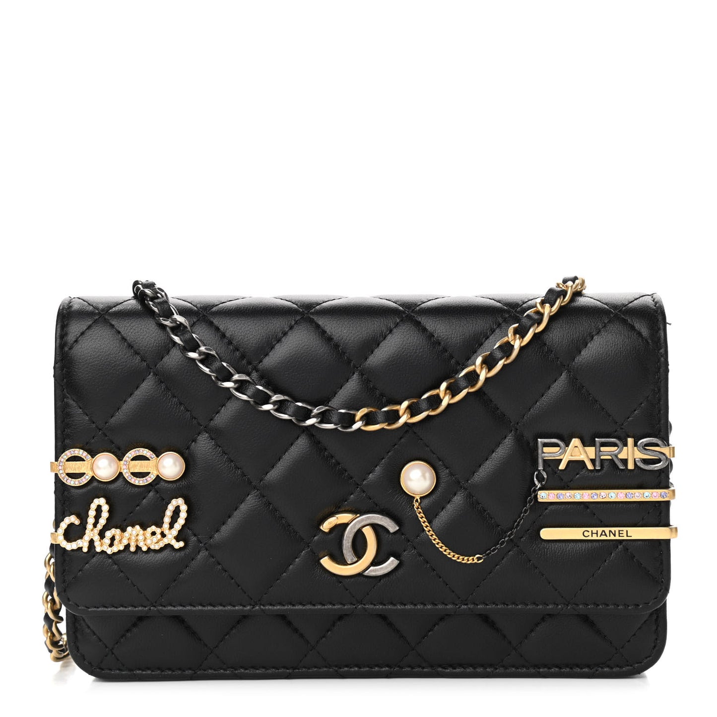 Lambskin Quilted Coco Clips Wallet On Chain WOC Black