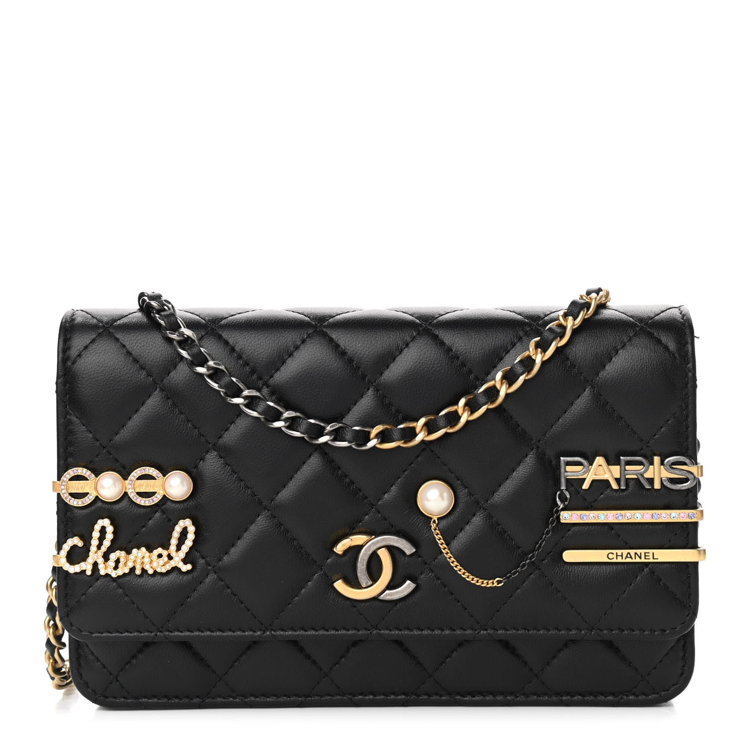 Chanel Lambskin Quilted Coco Clips Wallet On Chain WOC Black 1 of 15