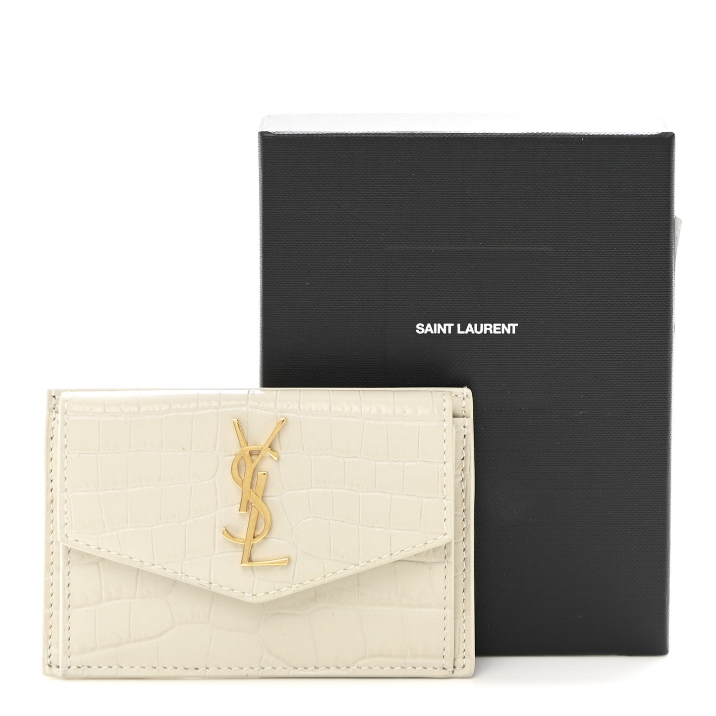 Calfskin Crocodile Embossed Uptown Monogram Card Case Crema Soft