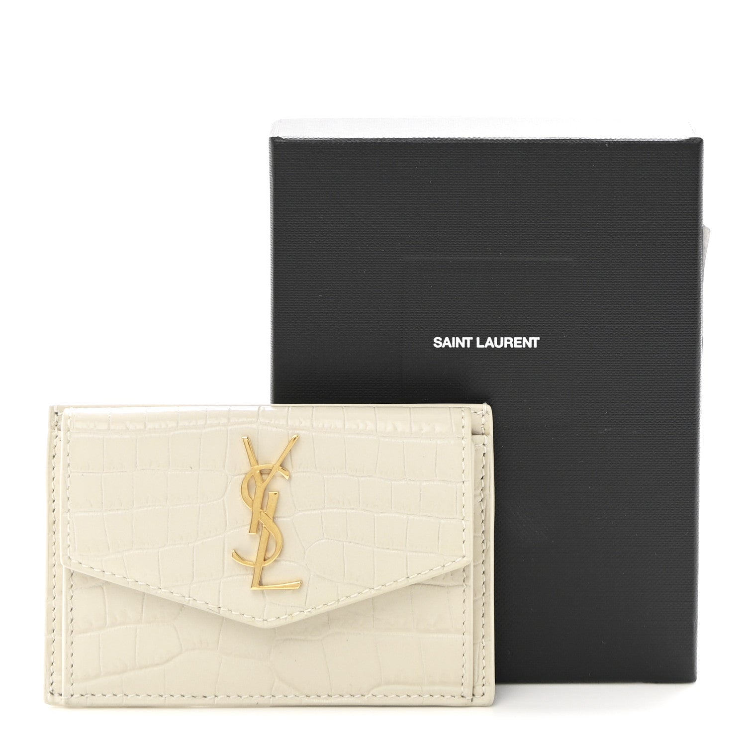 Saint Laurent Calfskin Crocodile Embossed Uptown Monogram Card Case Crema Soft 9 of 9