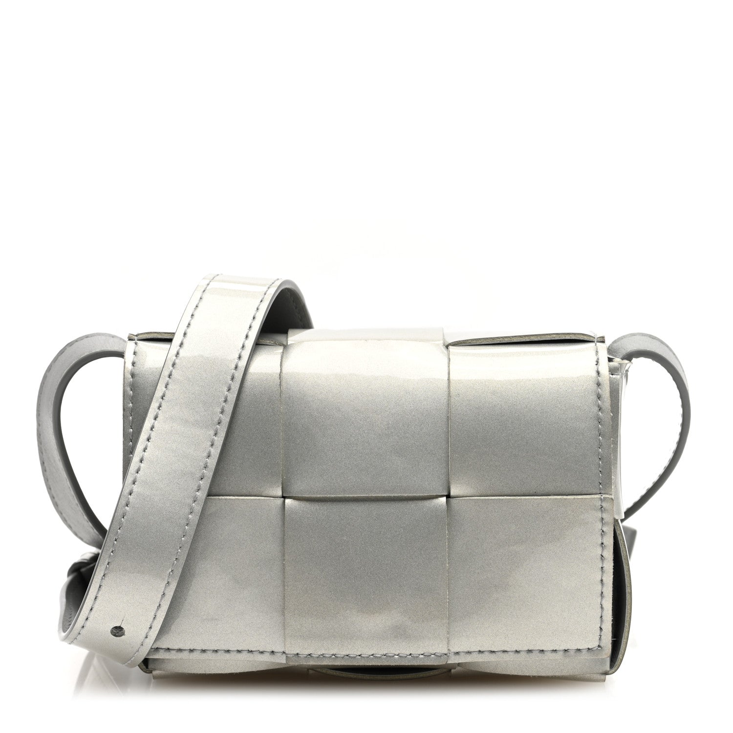 Bottega Veneta Metallic Patent Calfskin Maxi Intrecciato Extra Mini Cassette Crossbody Bag Silver 1 of 10