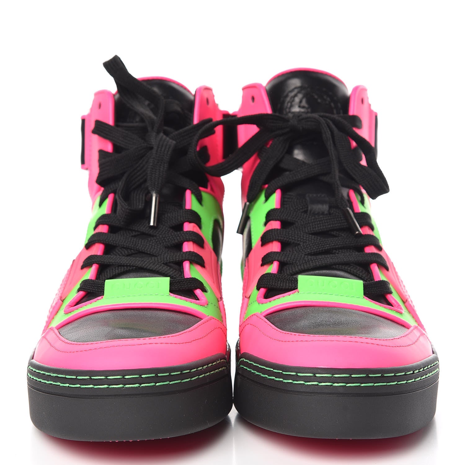 Gucci Calfskin Womens High Top Sneakers 40 Black Neon Green Pink 2 of 9