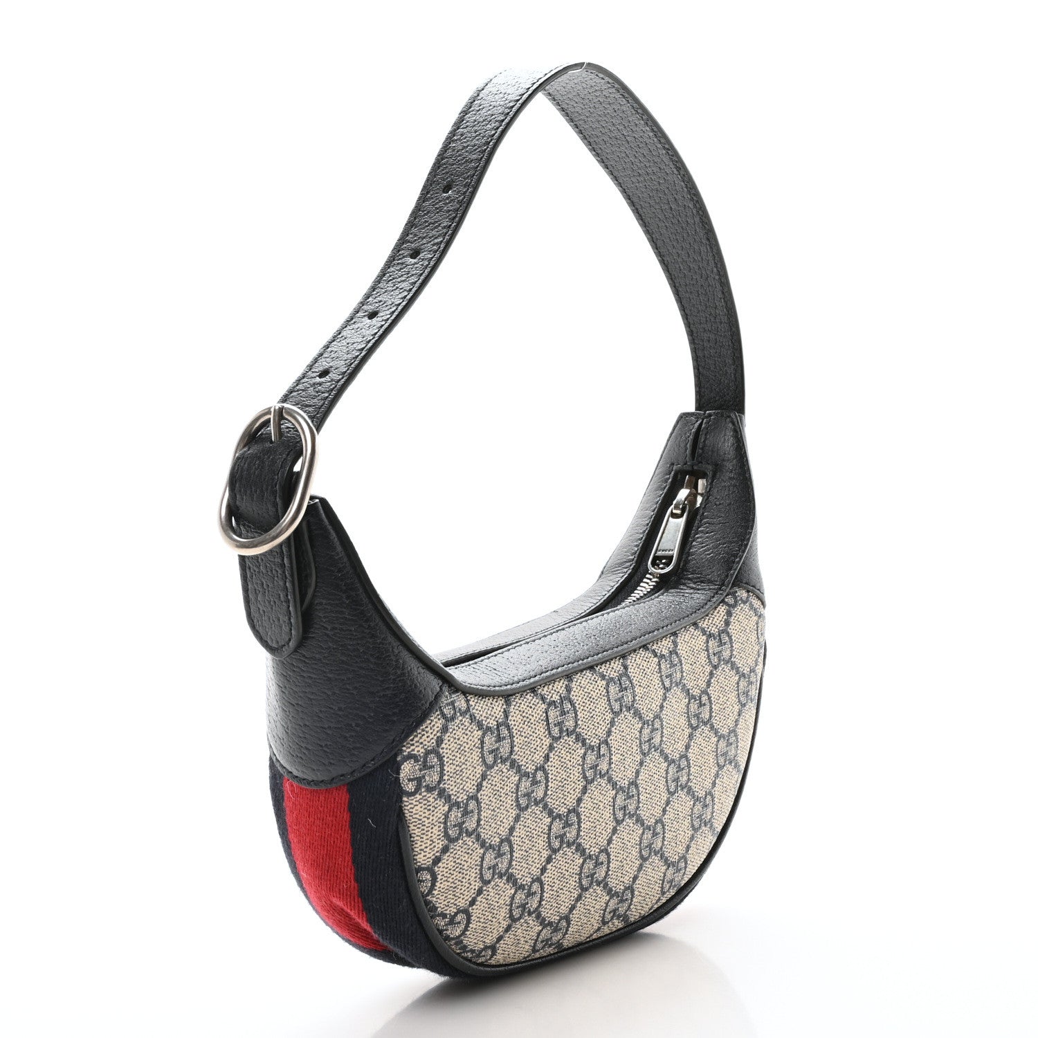 Gucci GG Supreme Monogram Textured Dollar Calfskin Web Mini Ophidia Half Moon Hobo Beige Blue 3 of 9
