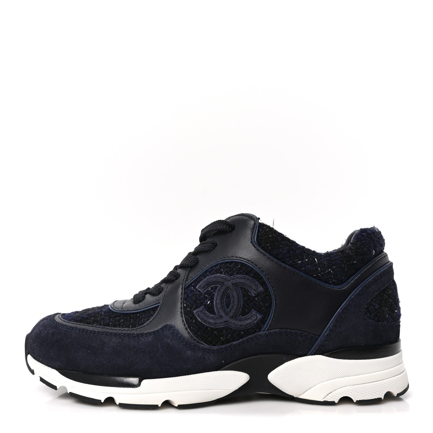 Chanel Iridescent Wool Tweed Suede Womens CC Sneakers 36 Navy Black White 1 of 9