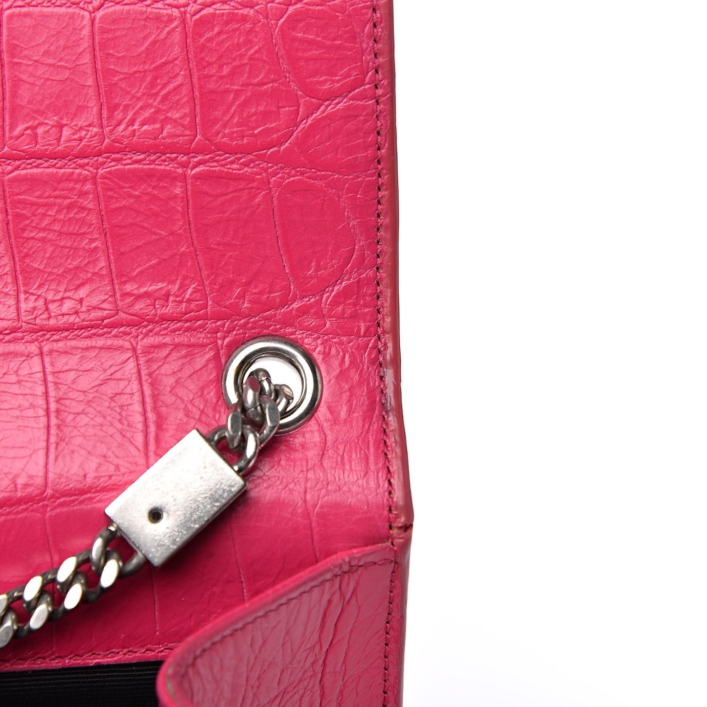 Calfskin Crocodile Embossed Medium Classic Monogram Kate Tassel Satchel Fuchsia