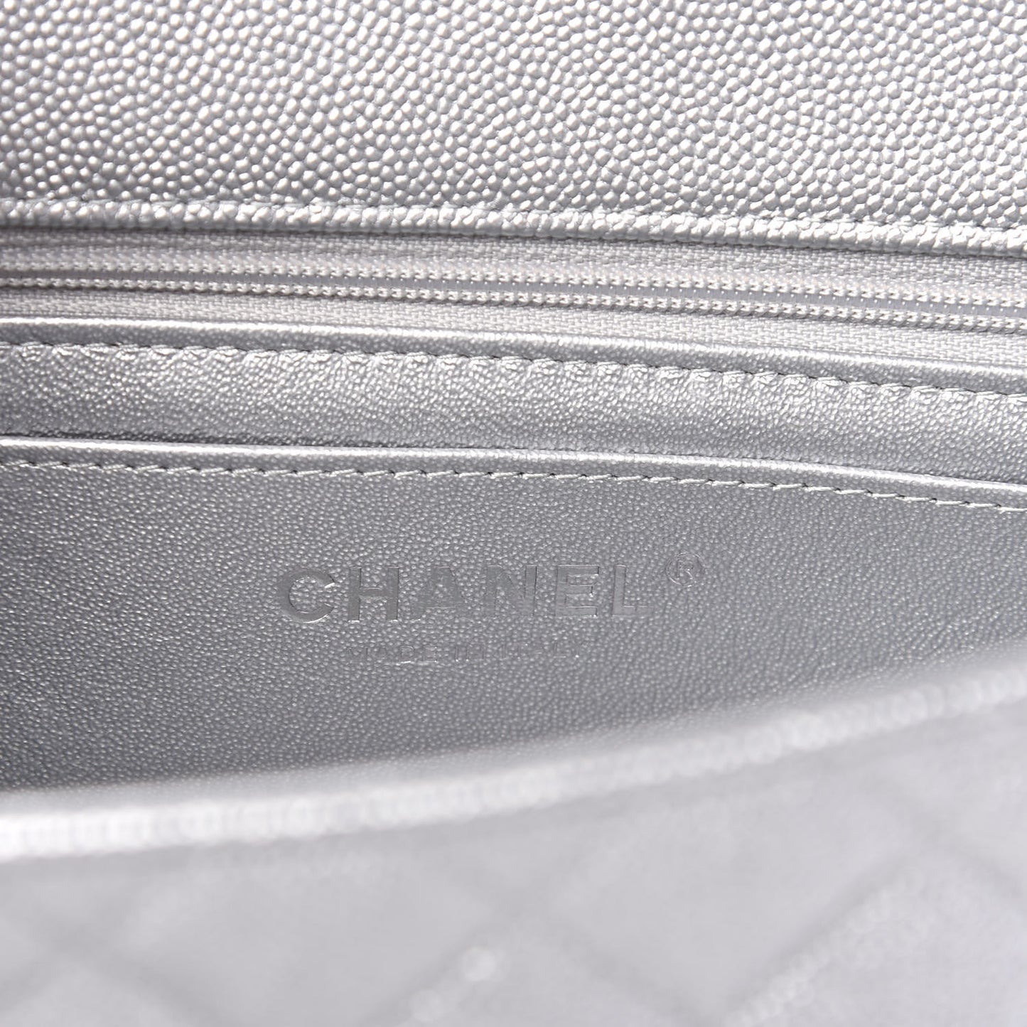 Metallic Caviar Quilted Mini Top Handle Rectangular Flap Silver