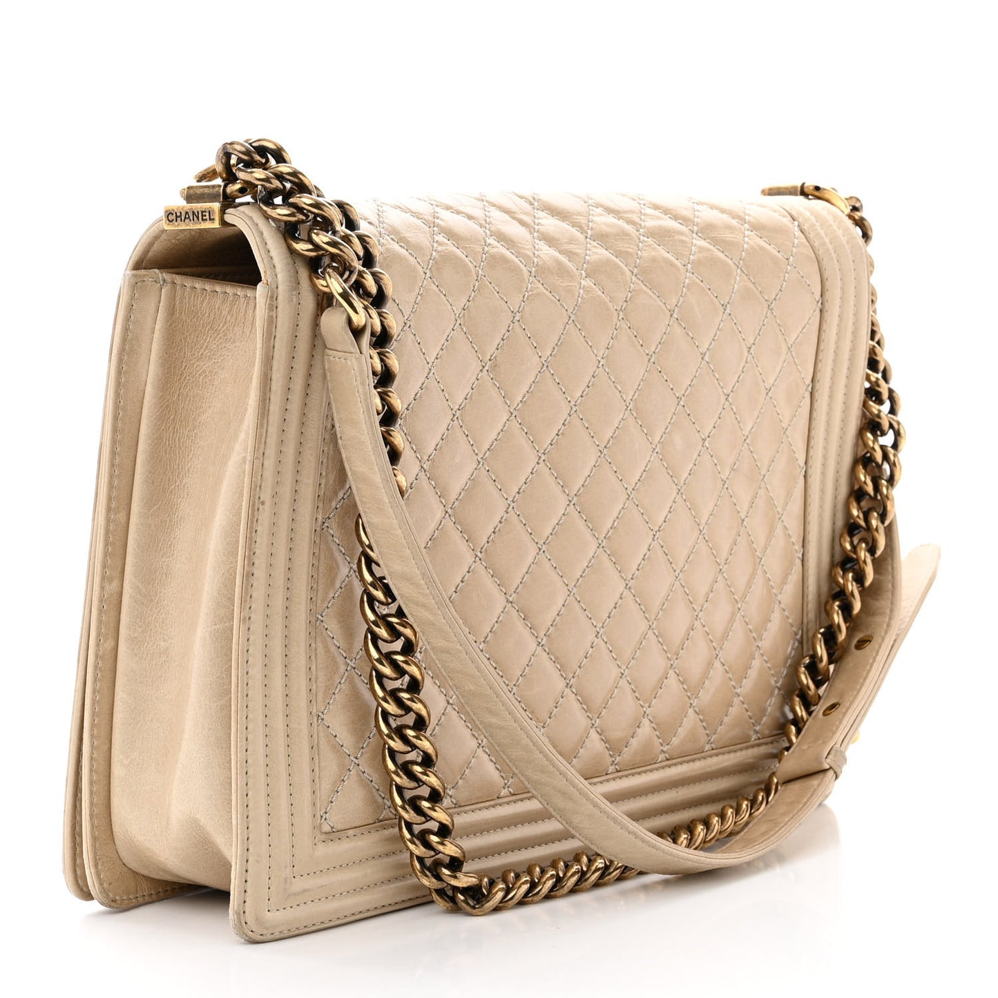 Glazed Calfskin Quilted Large Boy Flap Beige