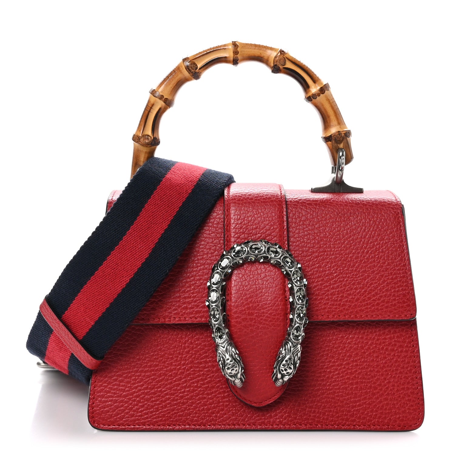 Gucci Dollar Calfskin Crystal Web Mini Dionysus Bamboo Top Handle Bag Hibiscus Red 1 of 12