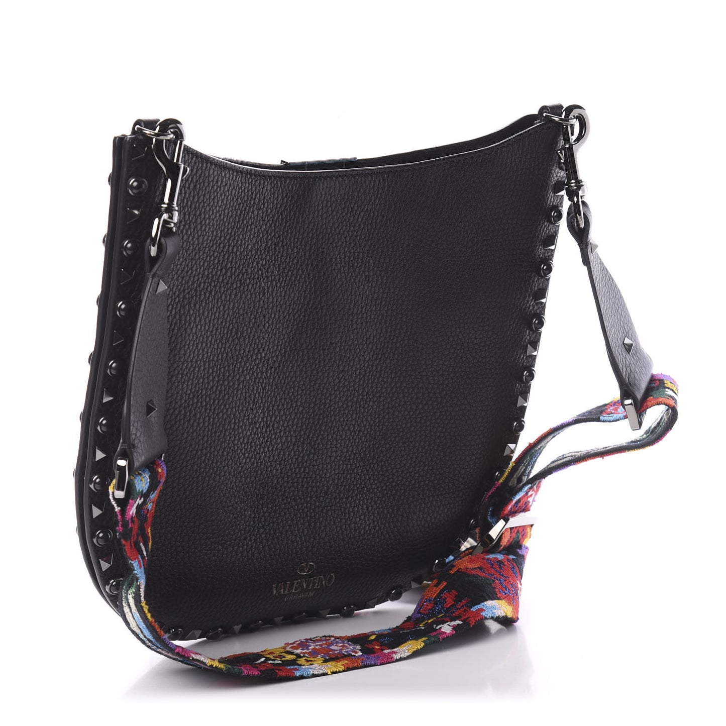 Calfskin Beaded Guitar Strap Rockstud Rolling Hobo Bag Black