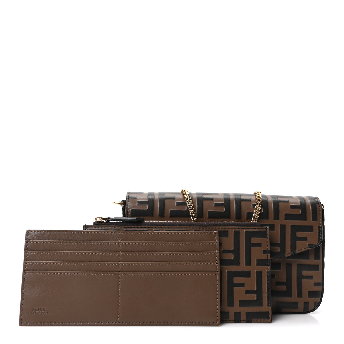 Vitello Soft F is Fendi Bi-Color FF 1974 Embossed Envelope Wallet On Chain with Pouches Maya Black