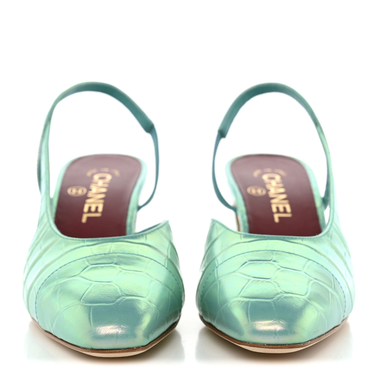 Chanel Iridescent Embossed Patent CC Cap Toe CC Slingback Pumps 37.5 Turquoise 3 of 10