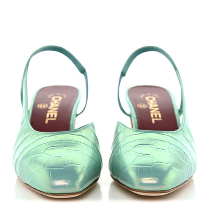 Chanel Iridescent Embossed Patent CC Cap Toe CC Slingback Pumps 37.5 Turquoise 3 of 10