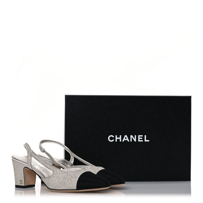 Chanel Glitter Grosgrain Cap Toe CC Slingback Pumps 37 Silver Black 10 of 10